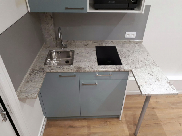 Kitchenette sur mesure Vert Fjord et granit en U  Paris 20e