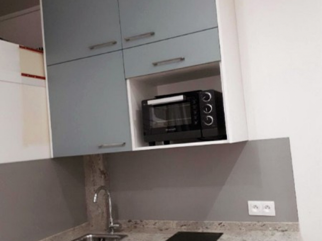 Kitchenette sur mesure Vert Fjord et granit en U  Paris 20e